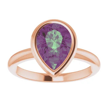 10K Rose Gold Lab-Grown Alexandrite 10x7mm ADINA Pear cut Bezel set coloured solitaire Jewelry top