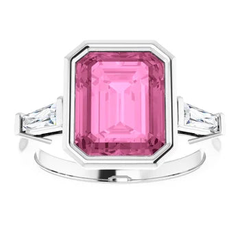 10 X 8 mm Lab-Grown Pink Sapphire MILANIA Emerald cut Bezel set Gemstone Ring with accented Tapered Baguettes Jewelry