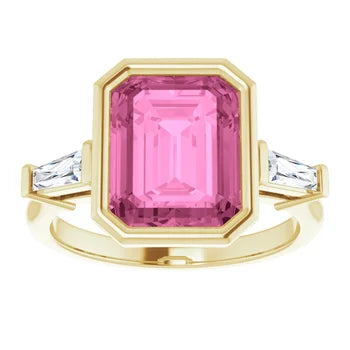 10 X 8 mm Lab-Grown Pink Sapphire MILANIA Emerald cut Bezel set Gemstone Ring with accented Tapered Baguettes Jewelry