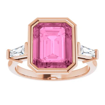 10 X 8 mm Lab-Grown Pink Sapphire MILANIA Emerald cut Bezel set Gemstone Ring with accented Tapered Baguettes Jewelry