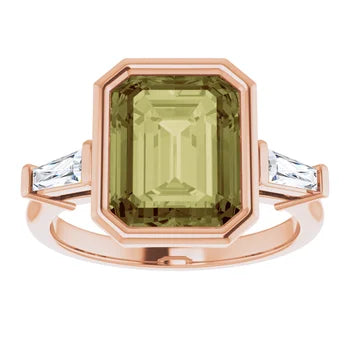 10 X 8 mm Lab-Grown Pink Sapphire MILANIA Emerald cut Bezel set Gemstone Ring with accented Tapered Baguettes Jewelry