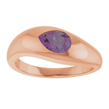 10K Rose Gold Lab-Grown Alexandrite 7x5mm CLARA Swirl signet flush set ring Jewelry