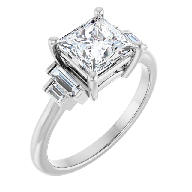 JENNI Solitaire Square Engagement Ring with Baguette Accent Diamonds - Platinum - View 1