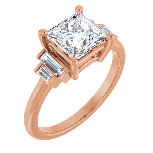 JENNI Solitaire Square Engagement Ring with Baguette Accent Diamonds - 18K Rose Gold - View 1