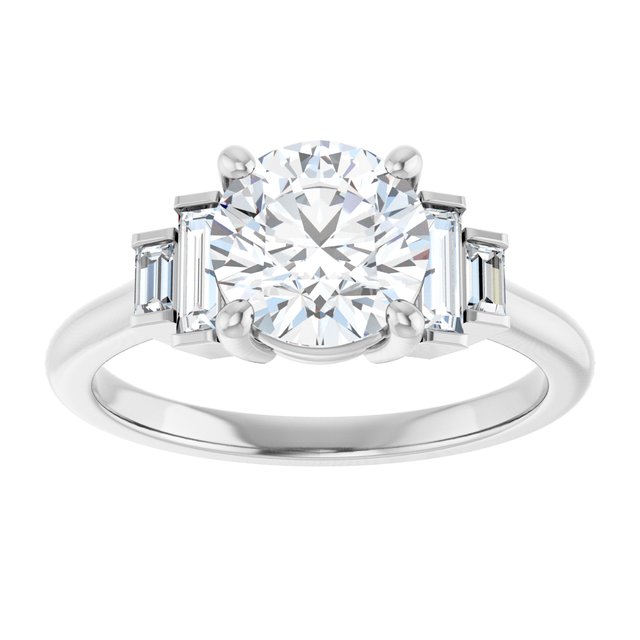 JENNI Solitaire Round Engagement Ring with Baguette Accent Diamonds - Platinum - View 3