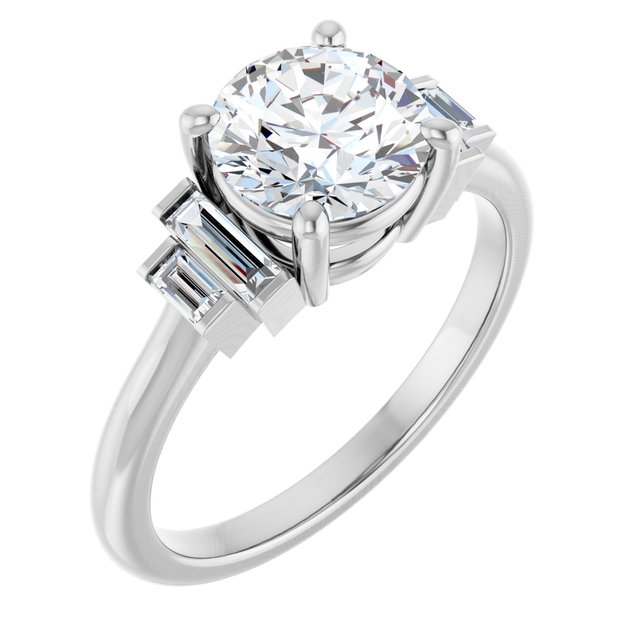 JENNI Solitaire Round Engagement Ring with Baguette Accent Diamonds - Platinum - View 1
