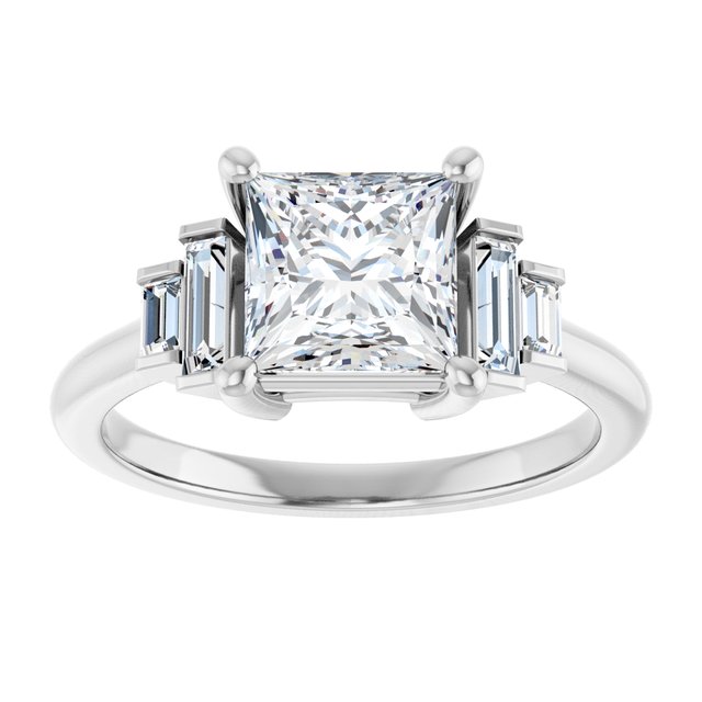 JENNI Solitaire Square Engagement Ring with Baguette Accent Diamonds - Platinum - View 3