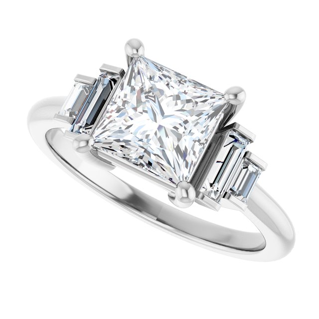 JENNI Solitaire Square Engagement Ring with Baguette Accent Diamonds - Platinum - View 5