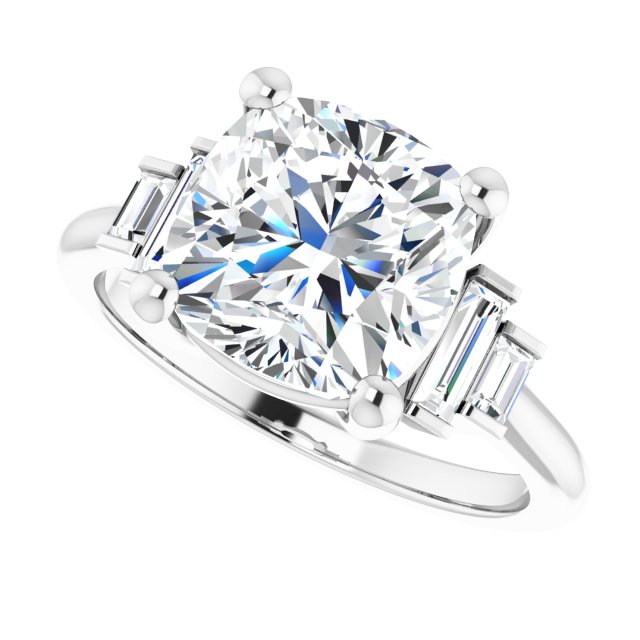 JENNI Solitaire Cushion Engagement Ring with Baguette Accent Diamonds - Platinum - View 5