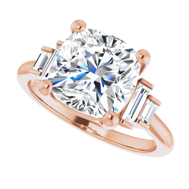 JENNI Solitaire Cushion Engagement Ring with Baguette Accent Diamonds - 18K Rose Gold - View 5