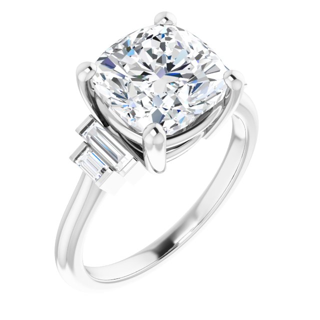 JENNI Solitaire Cushion Engagement Ring with Baguette Accent Diamonds - Platinum - View 1