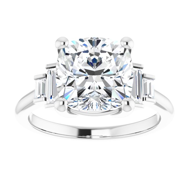 JENNI Solitaire Cushion Engagement Ring with Baguette Accent Diamonds - Platinum - View 3