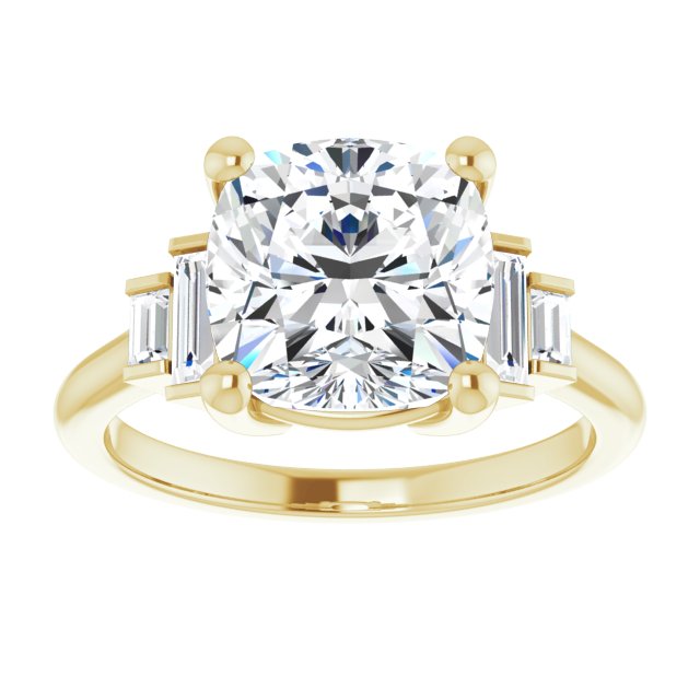 JENNI Solitaire Cushion Engagement Ring with Baguette Accent Diamonds - 18K Yellow Gold - View 3
