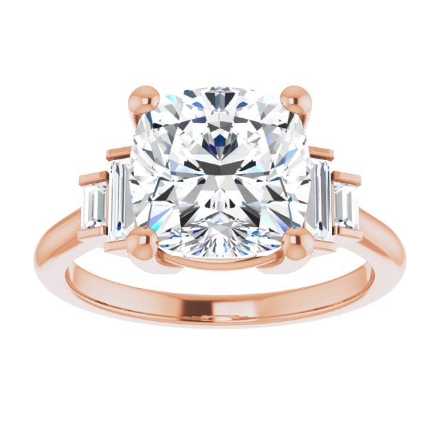 JENNI Solitaire Cushion Engagement Ring with Baguette Accent Diamonds - 18K Rose Gold - View 3