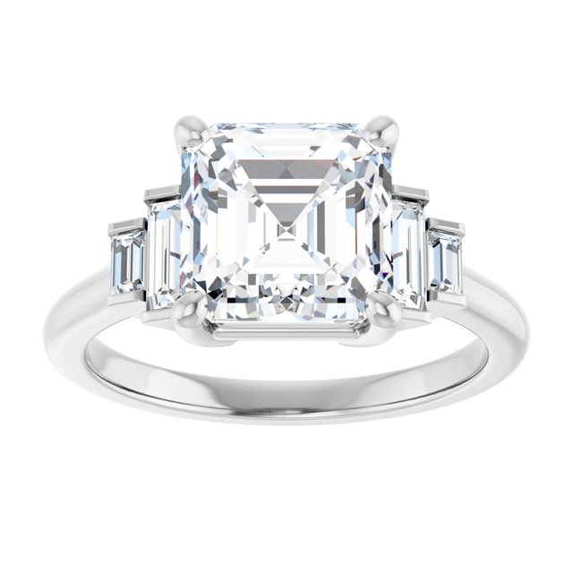 JENNI Solitaire Asscher Engagement Ring with Baguette Accent Diamonds - Platinum - View 3