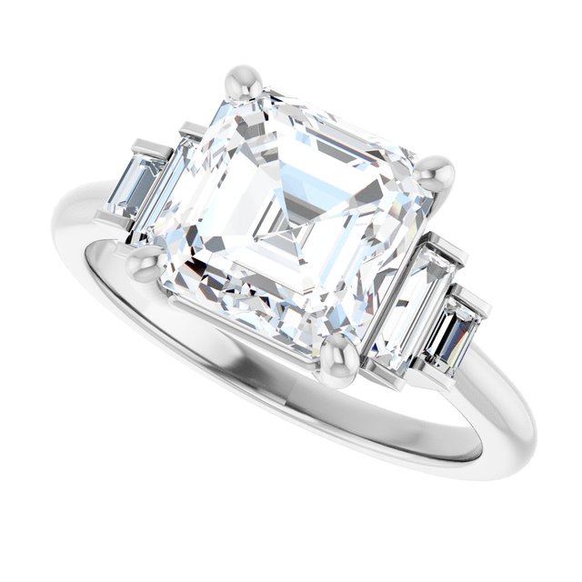 JENNI Solitaire Asscher Engagement Ring with Baguette Accent Diamonds - Platinum - View 5