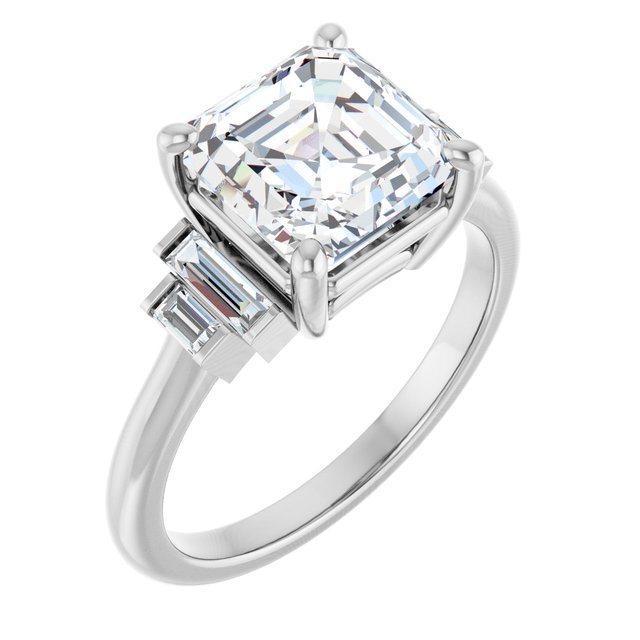 JENNI Solitaire Asscher Engagement Ring with Baguette Accent Diamonds - Platinum - View 1