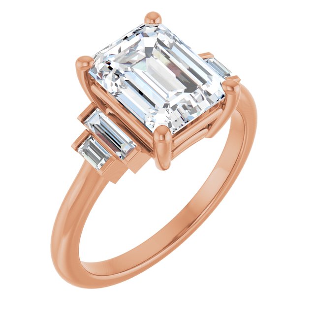 JENNI Solitaire Emerald Engagement Ring with Baguette Accent Diamonds - 18K Rose Gold - View 1