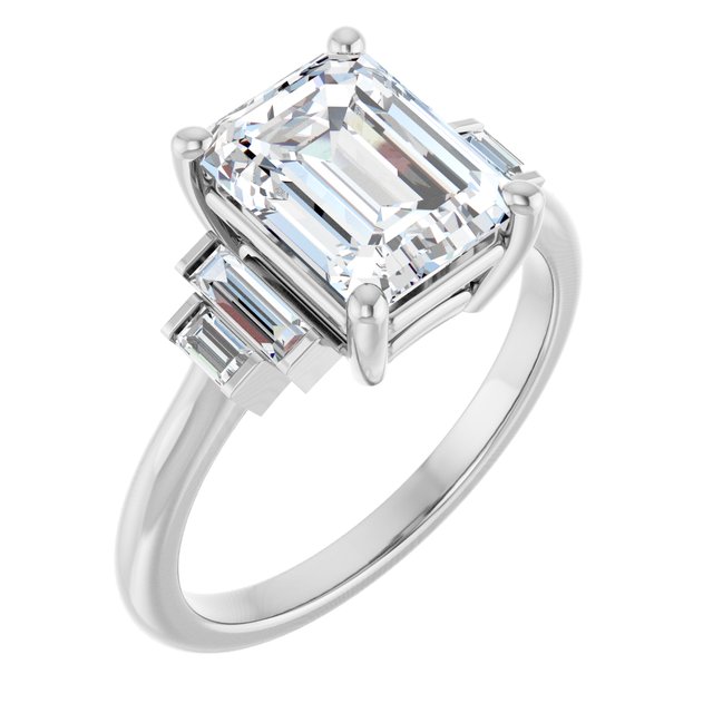 JENNI Solitaire Emerald Engagement Ring with Baguette Accent Diamonds - Platinum - View 1