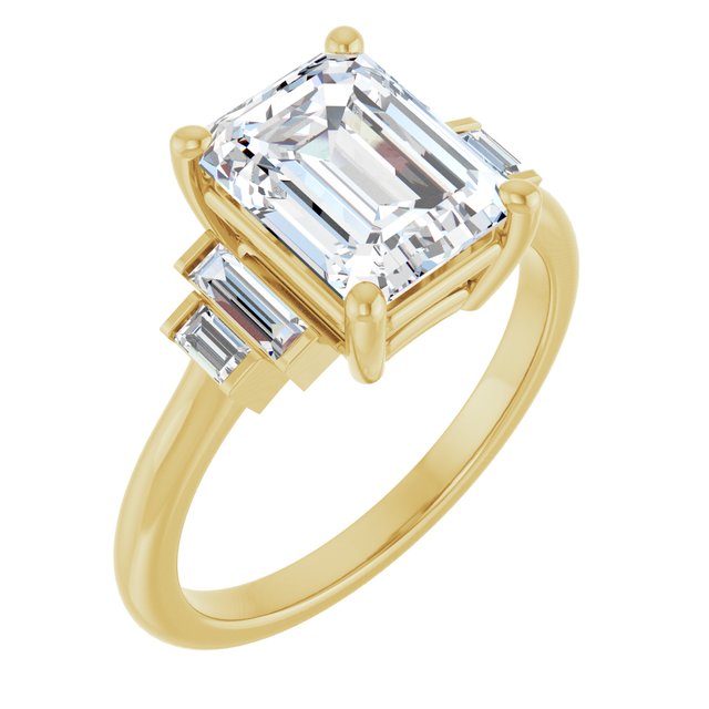 JENNI Solitaire Emerald Engagement Ring with Baguette Accent Diamonds - 18K Yellow Gold - View 1