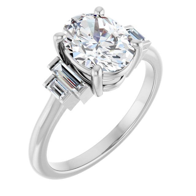 JENNI Solitaire Oval Engagement Ring with Baguette Accent Diamonds - Platinum - View 1