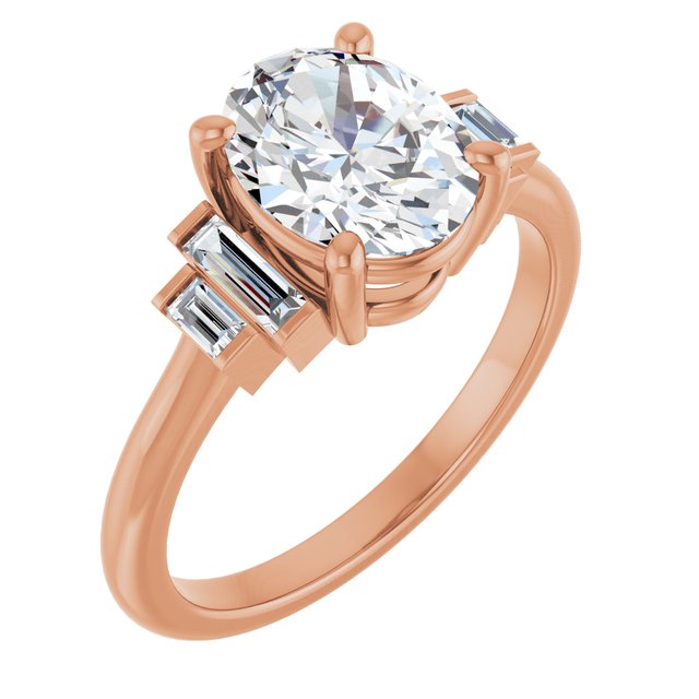 JENNI Solitaire Oval Engagement Ring with Baguette Accent Diamonds - 18K Rose Gold - View 1