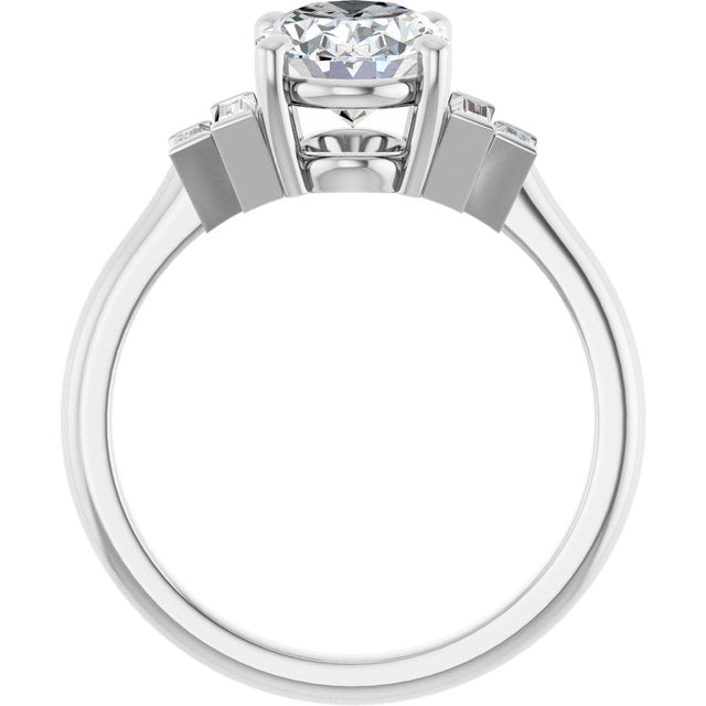 JENNI Solitaire Oval Engagement Ring with Baguette Accent Diamonds - Platinum - View 2