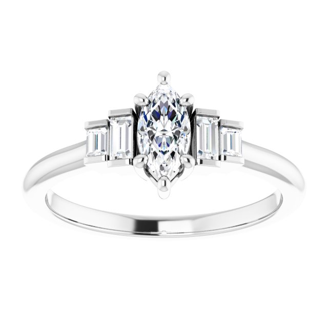 JENNI Solitaire Marquise Engagement Ring with Baguette Accent Diamonds - Platinum - View 3