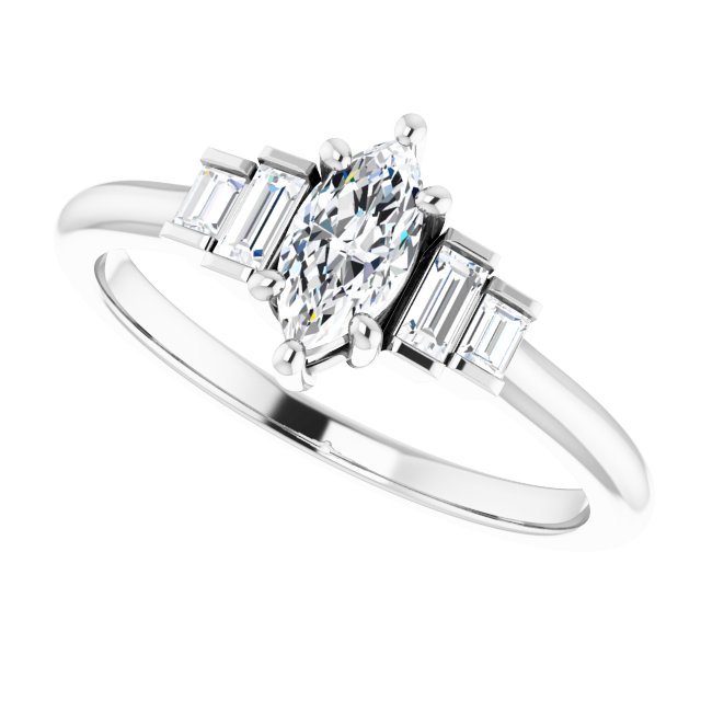 JENNI Solitaire Marquise Engagement Ring with Baguette Accent Diamonds - Platinum - View 5