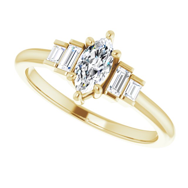 JENNI Solitaire Marquise Engagement Ring with Baguette Accent Diamonds - 18K Yellow Gold - View 5