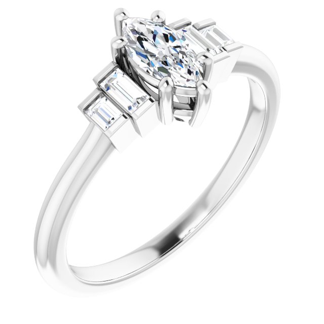 JENNI Solitaire Marquise Engagement Ring with Baguette Accent Diamonds - Platinum - View 1