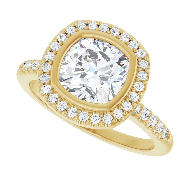 LEA Bezel Halo Cushion Engagement Ring with Shoulder Diamonds - 18K Yellow Gold - View 5