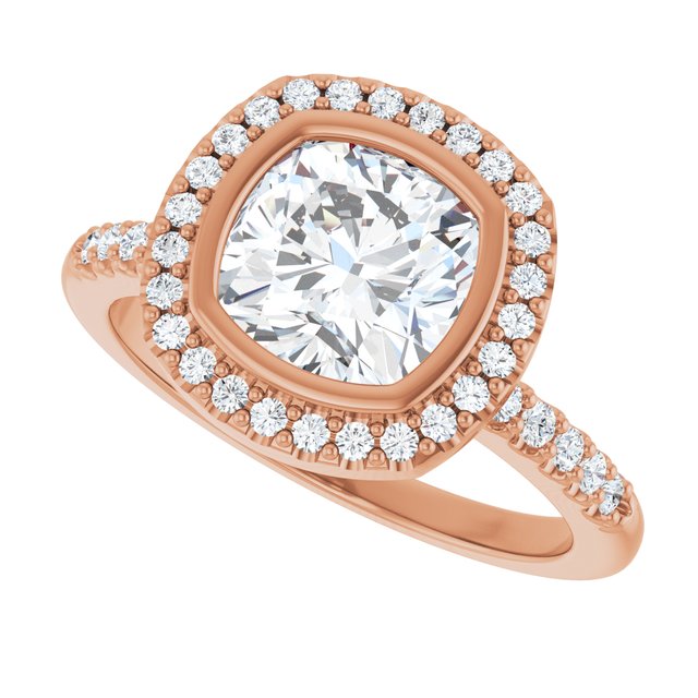 LEA Bezel Halo Cushion Engagement Ring with Shoulder Diamonds - 18K Rose Gold - View 5