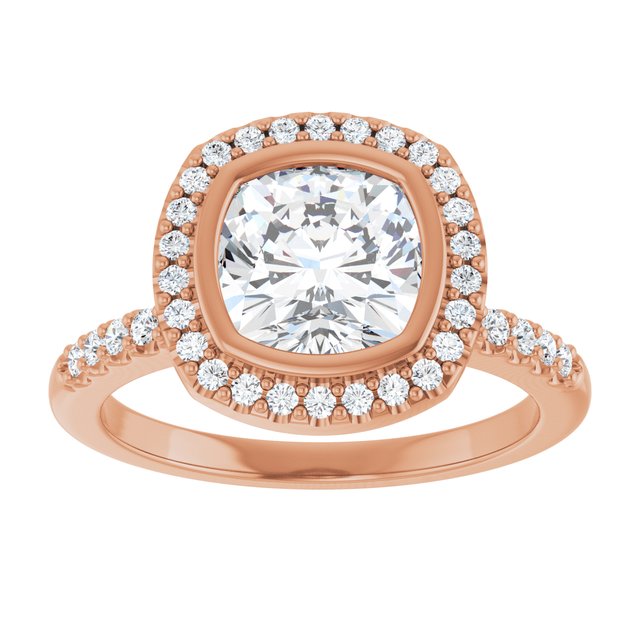LEA Bezel Halo Cushion Engagement Ring with Shoulder Diamonds - 18K Rose Gold - View 3