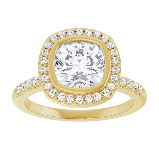 LEA Bezel Halo Cushion Engagement Ring with Shoulder Diamonds - 18K Yellow Gold - View 3