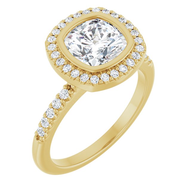 LEA Bezel Halo Cushion Engagement Ring with Shoulder Diamonds - 18K Yellow Gold - View 1