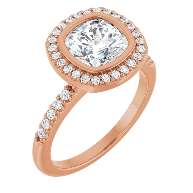 LEA Bezel Halo Cushion Engagement Ring with Shoulder Diamonds - 18K Rose Gold - View 1