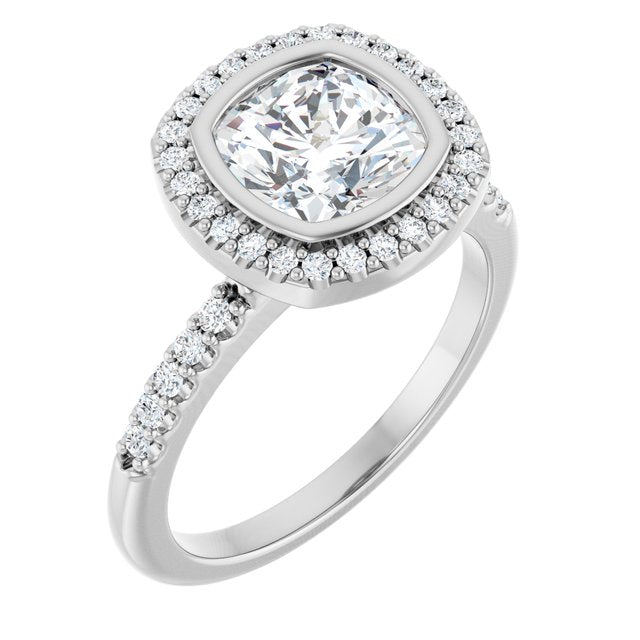LEA Bezel Halo Cushion Engagement Ring with Shoulder Diamonds - Platinum - View 1