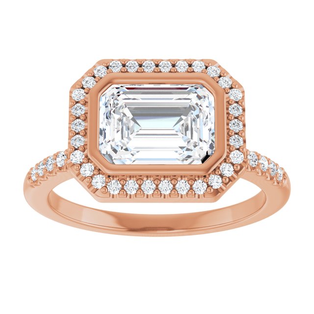 LEA Bezel Halo Emerald Engagement Ring with Shoulder Diamonds - 18K Rose Gold - View 3
