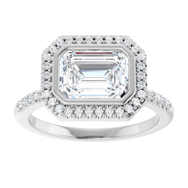 LEA Bezel Halo Emerald Engagement Ring with Shoulder Diamonds - Platinum - View 3