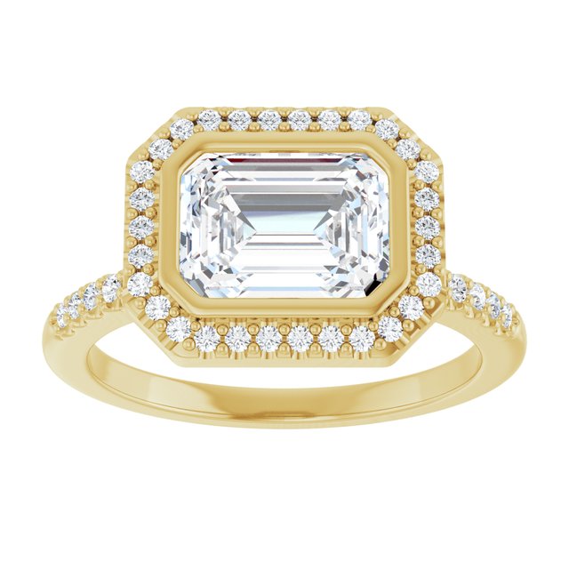 LEA Bezel Halo Emerald Engagement Ring with Shoulder Diamonds - 18K Yellow Gold - View 3
