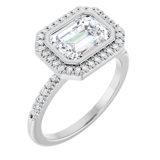 LEA Bezel Halo Emerald Engagement Ring with Shoulder Diamonds - Platinum - View 1