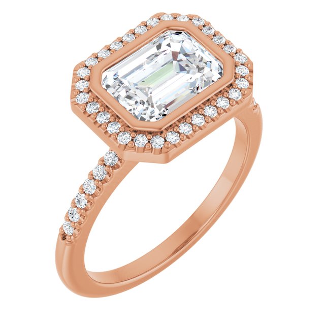 LEA Bezel Halo Emerald Engagement Ring with Shoulder Diamonds - 18K Rose Gold - View 1