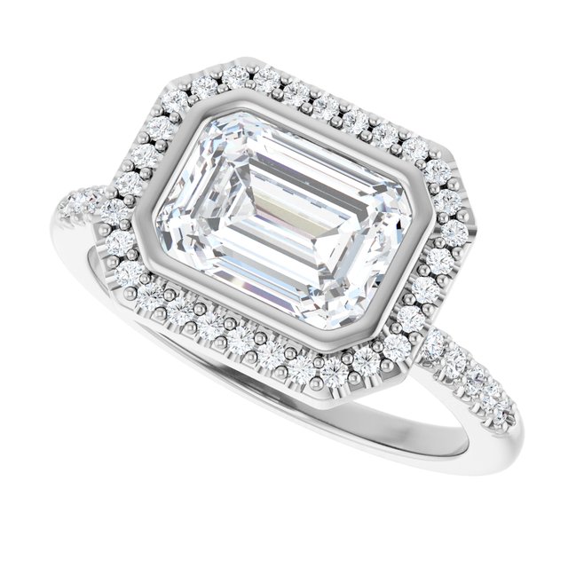 LEA Bezel Halo Emerald Engagement Ring with Shoulder Diamonds - Platinum - View 5