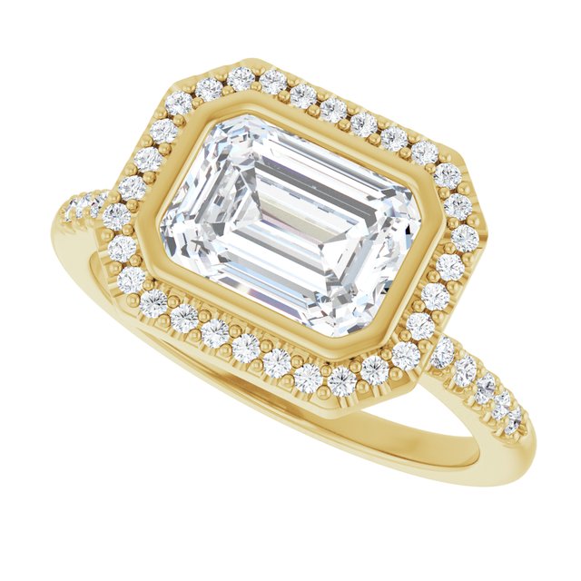 LEA Bezel Halo Emerald Engagement Ring with Shoulder Diamonds - 18K Yellow Gold - View 5