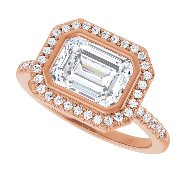 LEA Bezel Halo Emerald Engagement Ring with Shoulder Diamonds - 18K Rose Gold - View 5