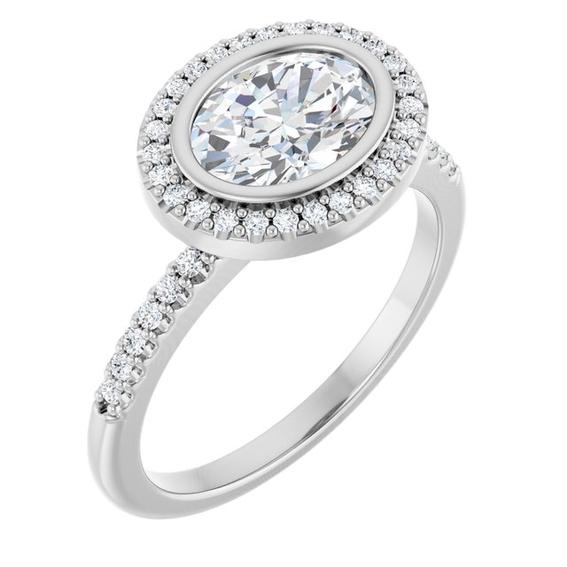 LEA Bezel Halo Oval Engagement Ring with Shoulder Diamonds - Platinum - View 1