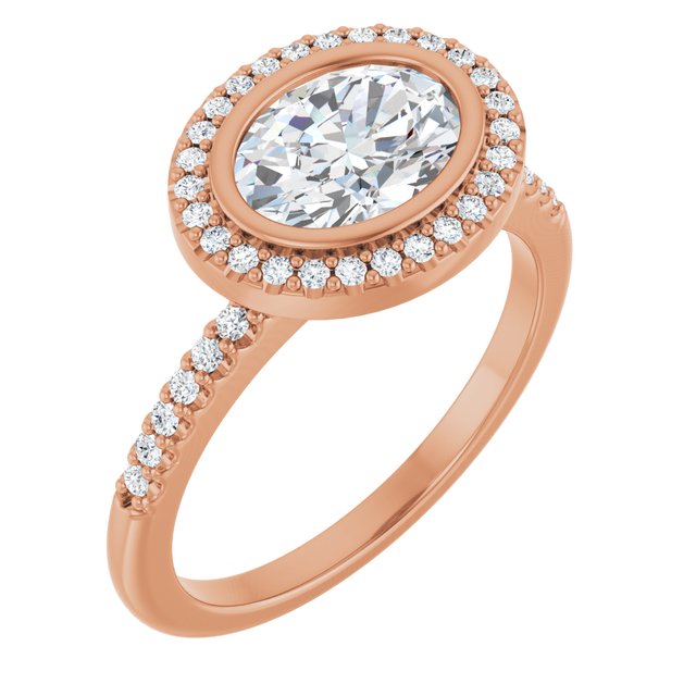 LEA Bezel Halo Oval Engagement Ring with Shoulder Diamonds - 18K Rose Gold - View 1