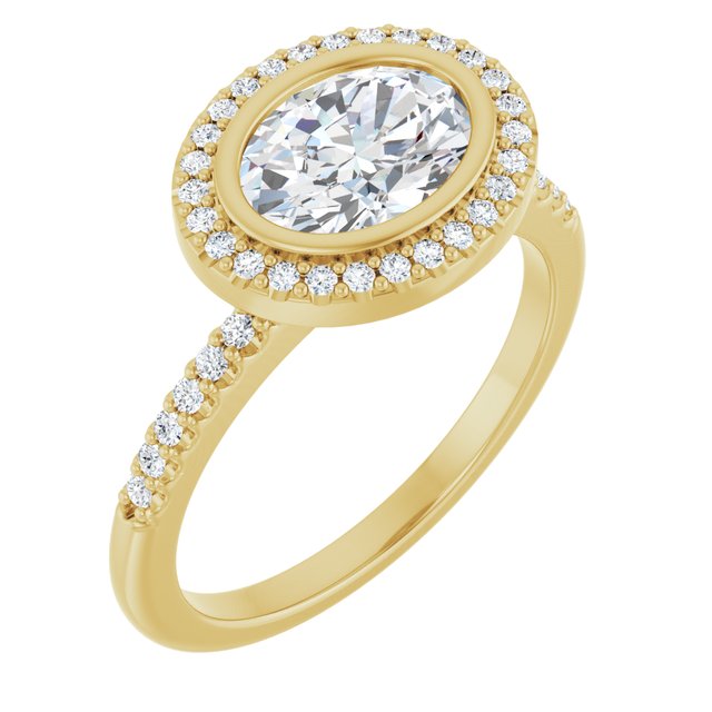 LEA Bezel Halo Oval Engagement Ring with Shoulder Diamonds - 18K Yellow Gold - View 1