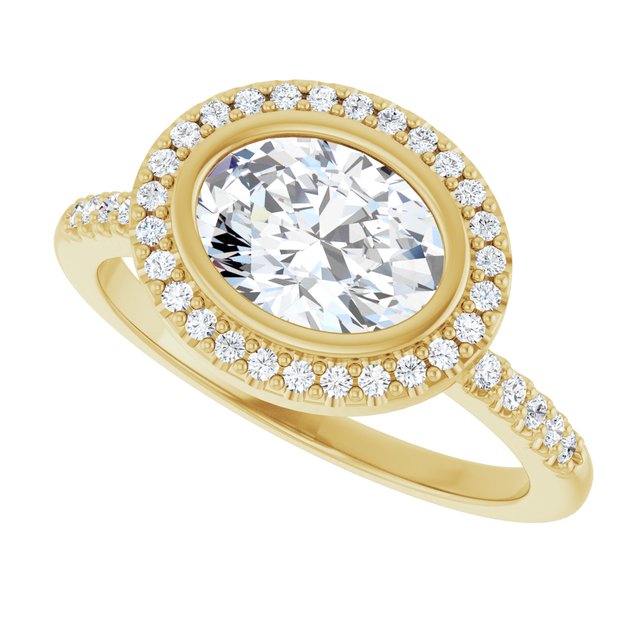 LEA Bezel Halo Oval Engagement Ring with Shoulder Diamonds - 18K Yellow Gold - View 5